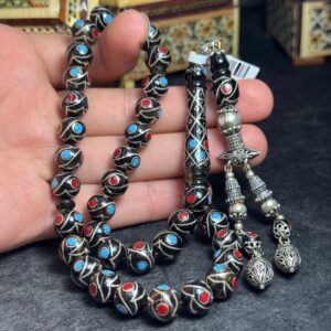 Caretta Bağa Tesbih – Mercan & Firuze İşlemeli | Gümüş Çeşm-i Bülbül Sanatlı